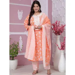 KALINI Floral Printed Regular Thread Work Pure Cotton Kurta With Trousers & Dupatta-picture-37