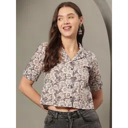 KALINI Floral Printed Roll-Up Sleeves Cotton Shirt Style Crop Top-picture-19