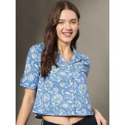 KALINI Floral Printed Roll-Up Sleeves Cotton Shirt Style Crop Top-picture-32
