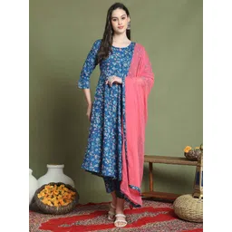 KALINI Floral Printed Round Neck Cotton A-Line Kurta With Trousers & Dupatta-picture-40