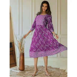 KALINI Floral Printed Round Neck Cotton Fit & Flare Midi Ethnic Dress-picture-34