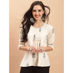 KALINI Floral Printed Round Neck Gathered Cotton A-Line Top-picture-30