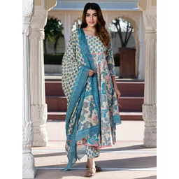 KALINI Floral Printed Round Neck Pure Cotton Anarkali Kurta with Trousers & Dupatta-picture-21