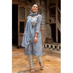 KALINI Floral Printed Round Neck Sequinned Pure Cotton Kurta With Trousers & Dupatta-picture-39