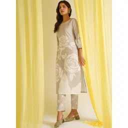 KALINI Floral Printed Round Neck Straight Kurta With Trousers-picture-30