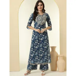 KALINI Floral Printed Sequinned Round Neck Pure Cotton Straight Kurta With Palazzos-picture-10