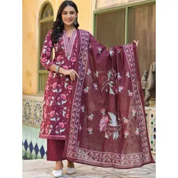 KALINI Floral Printed Square Neck Kurta With Trousers & Dupatta-picture-37