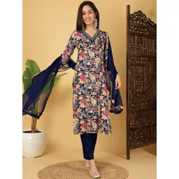 KALINI Floral Printed Thread Work V-Neck Pure Cotton Kurta with Trouser & Dupatta-picture-23