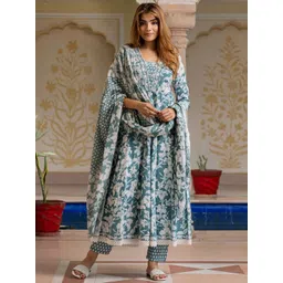 KALINI Floral Printed V-Neck Anarkali Pure Cotton Kurta With Trousers & Dupatta-picture-42