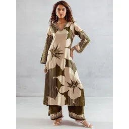 KALINI Floral Printed V-Neck Beads And Stones Straight Kurta With Palazzos-picture-39