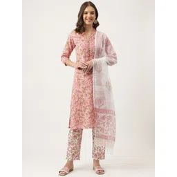 KALINI Floral Printed V-Neck Pure Cotton Straight Kurta & Trouser With Dupatta-picture-31
