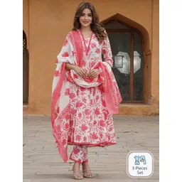 KALINI Floral Printed V-Neck Regular Kurta With Trousers & Dupatta-picture-26