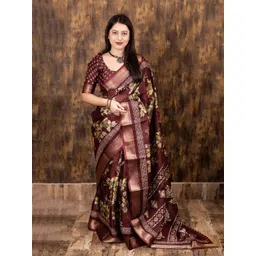 KALINI Floral Printed Zari Saree with Unstitched Blouse Piece-picture-10