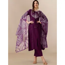 KALINI Floral Yoke Design A-Line Kurta With Palazzos & Dupatta-image-40