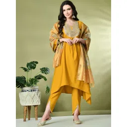 KALINI Floral Yoke Design Bell Sleeves Asymmetric A-Line Kurta With Dhoti Pants & Dupatta-picture-11
