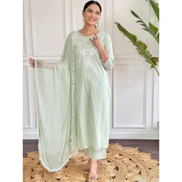 KALINI Floral Yoke Design Chikankari Pure Cotton Kurta with Trousers & With Dupatta-image-18