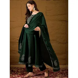 KALINI Floral Yoke Design Empire Thread Work Anarkali Kurta With Trousers & Dupatta-image-35