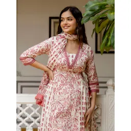 KALINI Floral Yoke Design Empire V-Neck Mirror Work Cotton Kurta With Patiala & Dupatta-image-9