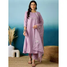 KALINI Floral Yoke Design Panelled Sequinned A-Line Kurta With Trousers & Dupatta-image-37