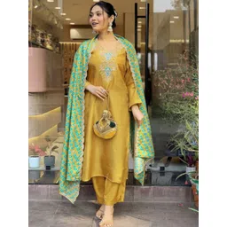 KALINI Floral Yoke Design Pure Silk Kurta With Trousers & Dupatta-image-48