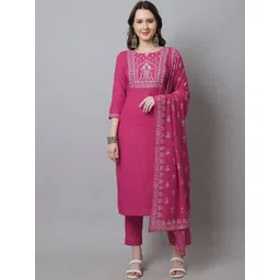 KALINI Floral Yoke Design Regular Pure Cotton Kurta with Trousers & With Dupatta-image-46