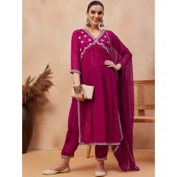 KALINI Floral Yoke Design Regular Sequinned A-line Kurta With Trousers & Dupatta-image-24
