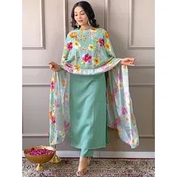 KALINI Floral Yoke Design Round Neck Sequinned Straight Kurta with Trousers & With Dupatta-image-17