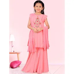 KALINI Floral Yoke Design Round Neck Thread Work A-Line Kurta With Sharara & Dupatta-image-26