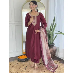 KALINI Floral Yoke Design Round Neck Thread Work Straight Kurta With Churidar & Dupatta-image-25