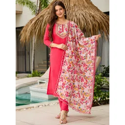 KALINI Floral Yoke Design Round Neck Zari Straight Kurta & Trousers With Dupatta-image-45