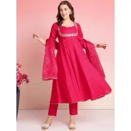 KALINI Floral Yoke Design Sequinned Anarkali Kurta With Trousers & Dupatta-image-27