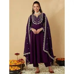 KALINI Floral Yoke Design Sequinned Art Silk Anarkali Kurta With Trousers And Dupatta-image-16