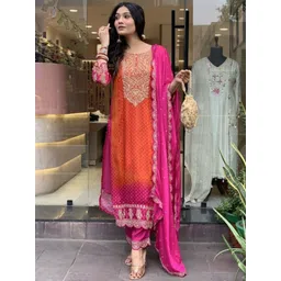 KALINI Floral Yoke Design Sequinned Kurta With Trousers & Dupatta-image-44