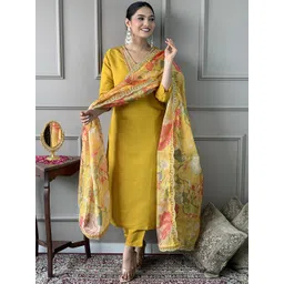 KALINI Floral Yoke Design Sequinned Straight Kurta with Trousers & Dupatta-image-38