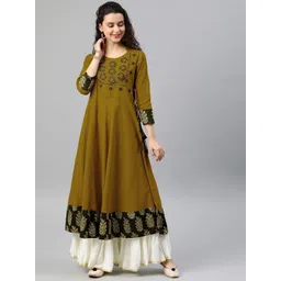 KALINI Floral Yoke Design Sequins Cotton Slub Anarkali Kurta-image-30