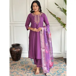 KALINI Floral Yoke Design Straight Thread Work Chanderi Silk Kurta with Trousers & Dupatta-image-29