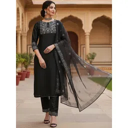 KALINI Floral Yoke Design Stright Thread Work Kurta With Trousers & Dupatta-image-42