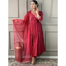 KALINI Floral Yoke Design Thread Work Anarkali Kurta with Trousers & Dupatta-image-34