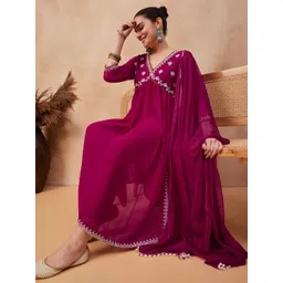 KALINI Floral Yoke Design Thread Work Georgette Anarkali Kurta With Trousers & Dupatta-image-49