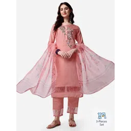 KALINI Floral Yoke Design Thread Work Kurta & Trousers With Dupatta-image-21