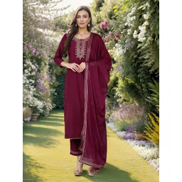 KALINI Floral Yoke Design Thread Work Kurta With Trousers & Dupatta-image-13