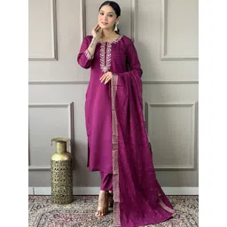 KALINI Floral Yoke Design Thread Work Straight Kurta with Trousers & Dupatta-image-39