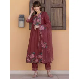 KALINI Floral Yoke Design V-Neck Thread Work Chinon A-Line Kurta & Trousers With Dupatta-image-6