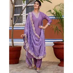 KALINI Floral Yoke Design V-Neck Thread Work Straight Kurta With Trousers & Dupatta-image-1