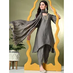 KALINI Floral Yoke Design V-Neck Zari A-Line Kurta with Dhoti Pants & Dupatta-image-5