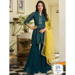 KALINI Geometric Embroidered Mandarin Collar Sequined A-Line Kurti with Sharara & Dupatta-picture-41