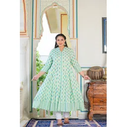 KALINI Geometric Ikat Printed Mandarin Collar Panelled Anarkali Kurta-picture-25