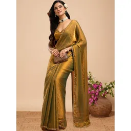 KALINI Gold Silk Blend Solid Sarees image 1