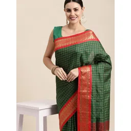 KALINI Green & Red Checked Zari Silk Cotton Saree-picture-31