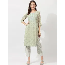 KALINI Green Paisley Printed Regular Gotta Patti Pure Cotton Kurta with Trousers-picture-31